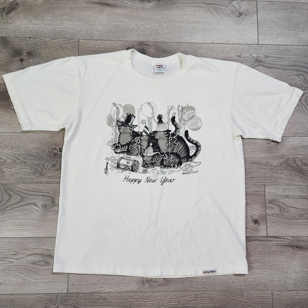 Crazy Shirts Vtg KLIBAN HAPPY NEW YEAR CATS Hawaiian Single Stitch T Shirt L Tee